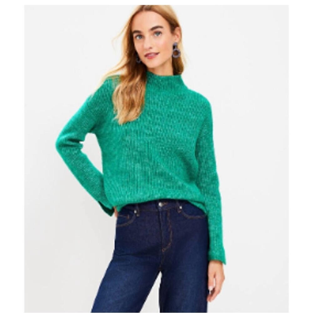 LOFT Ribbed Mock Neck Sweater Bright Kelly Green Turtleneck Soft knit XL